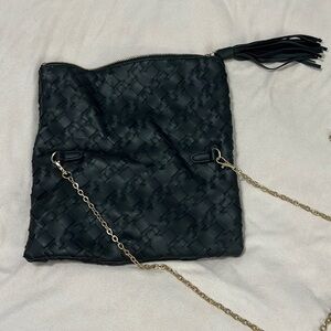 Urban Expressions black certified vegan woven crossbody fringe pull